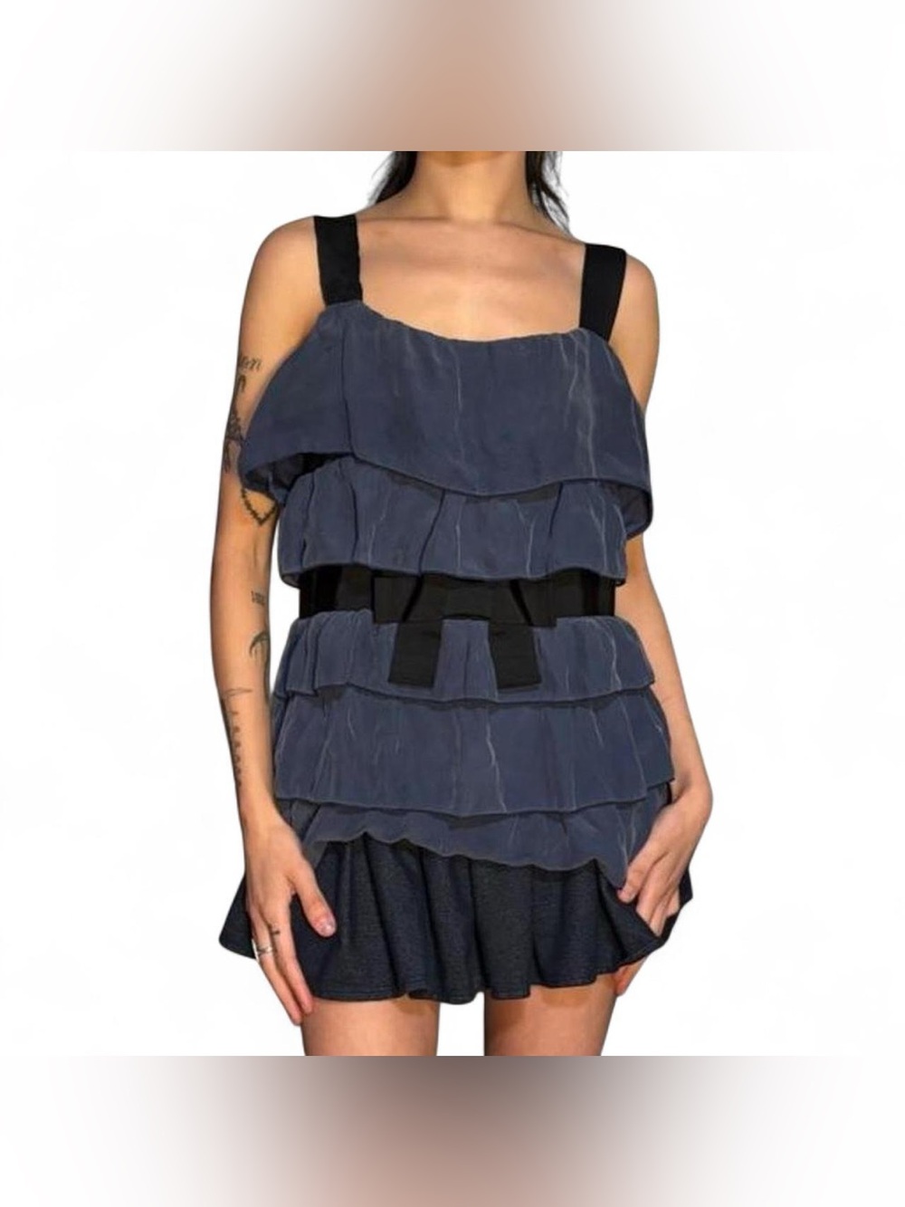 Blue & Black Layered Ruffled Top by Bordeaux